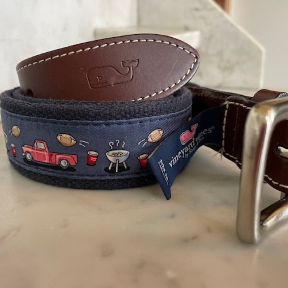 VINEYARD VINES Game Day Blue Ribbon D-Ring Belt Vintage 30